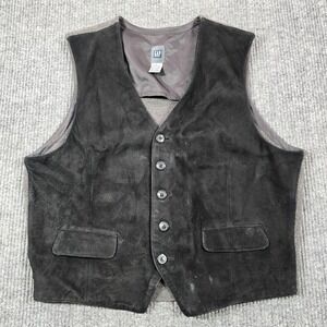Vintage Gap Vest Mens Large Black Leather Wool Button Front Knit V Neck Lined
